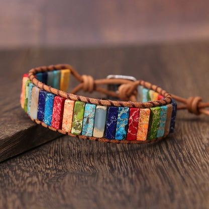 Pulseira de Couro com Wrap de Jasper Arco-íris