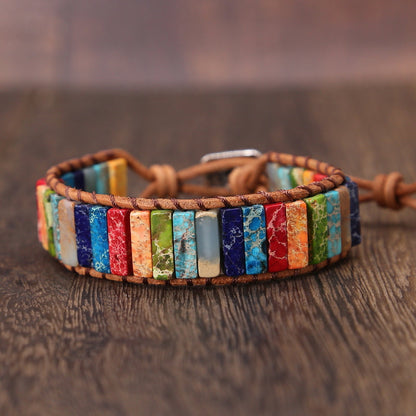 Pulseira de Couro com Wrap de Jasper Arco-íris