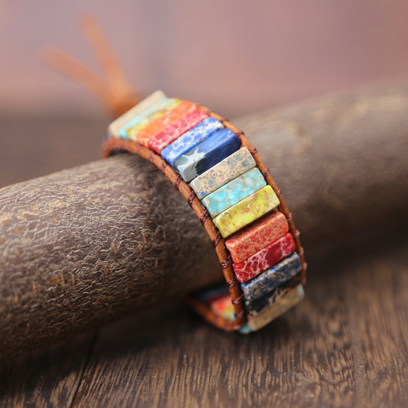 Pulseira de Couro com Wrap de Jasper Arco-íris