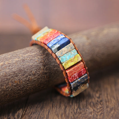 Pulseira de Couro com Wrap de Jasper Arco-íris