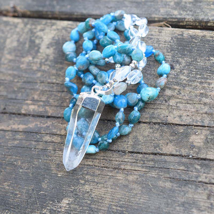 Colar de Cristal de Apatita Azul e Quartzo Transparente